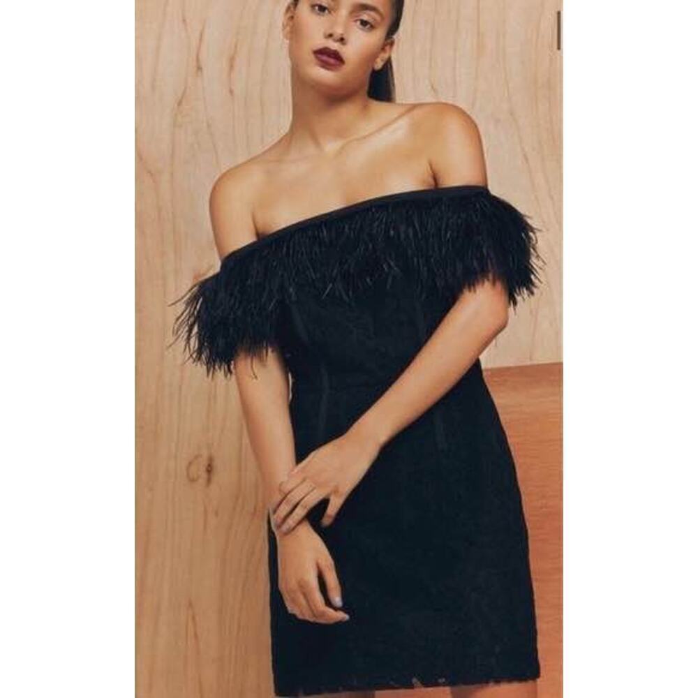 Topshop Sz 4 Black Ostrich Feather Lace Corset Off Shoulder Cocktail Party Dress